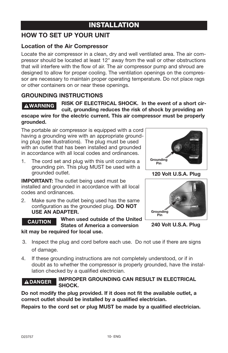 Installation, How to set up your unit, Grounding instructions | Location of the air compressor | DeVillbiss Air Power Company D23757 User Manual | Page 10 / 20