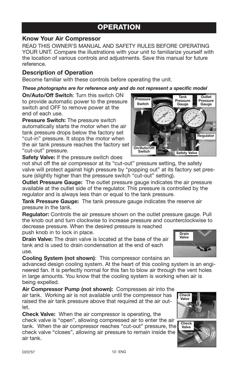 Operation, Know your air compressor, Description of operation | DeVillbiss Air Power Company D23757 User Manual | Page 12 / 20