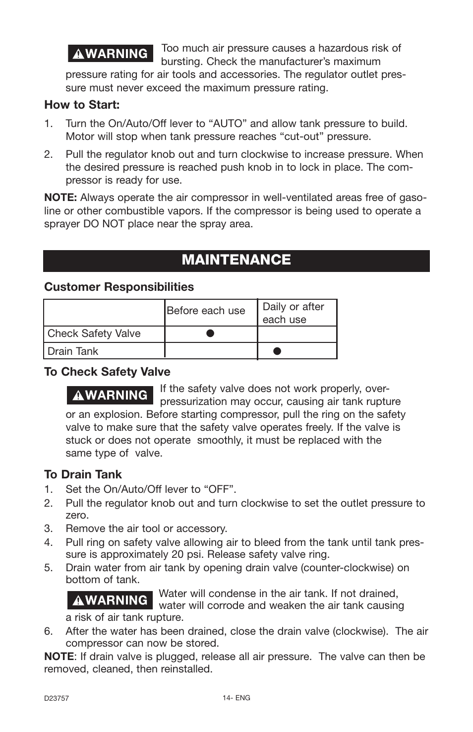 Maintenance | DeVillbiss Air Power Company D23757 User Manual | Page 14 / 20