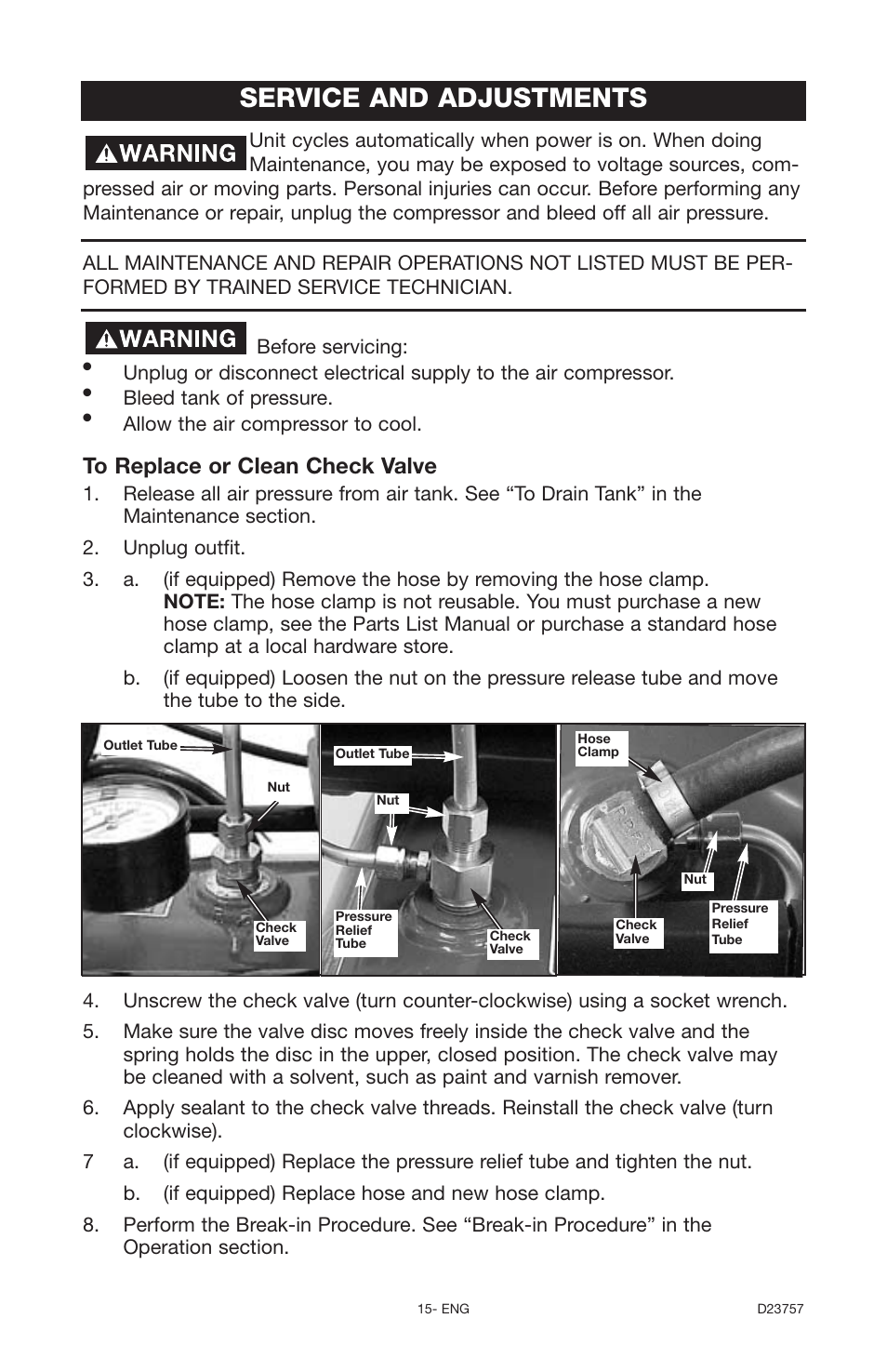 Service and adjustments | DeVillbiss Air Power Company D23757 User Manual | Page 15 / 20