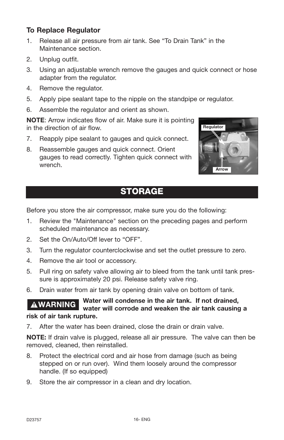 Storage | DeVillbiss Air Power Company D23757 User Manual | Page 16 / 20