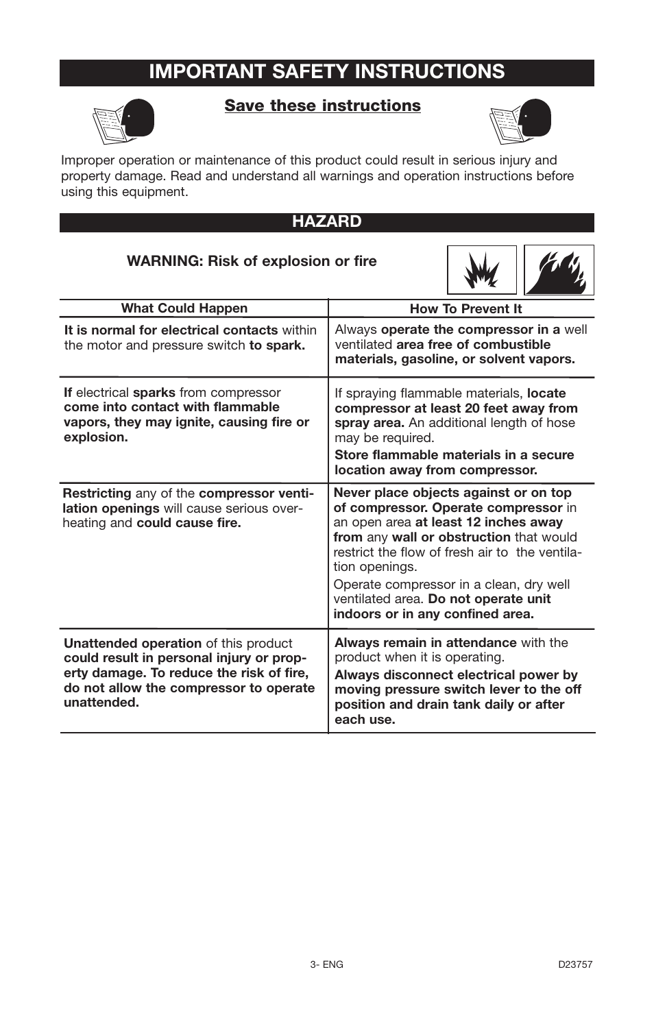 Important safety instructions, Save these instructions, Hazard | DeVillbiss Air Power Company D23757 User Manual | Page 3 / 20