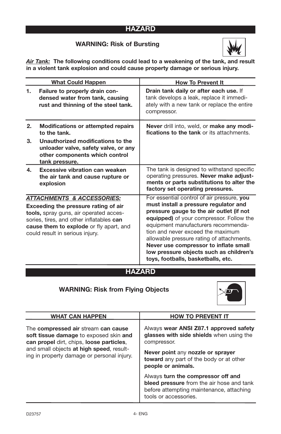 Hazard | DeVillbiss Air Power Company D23757 User Manual | Page 4 / 20