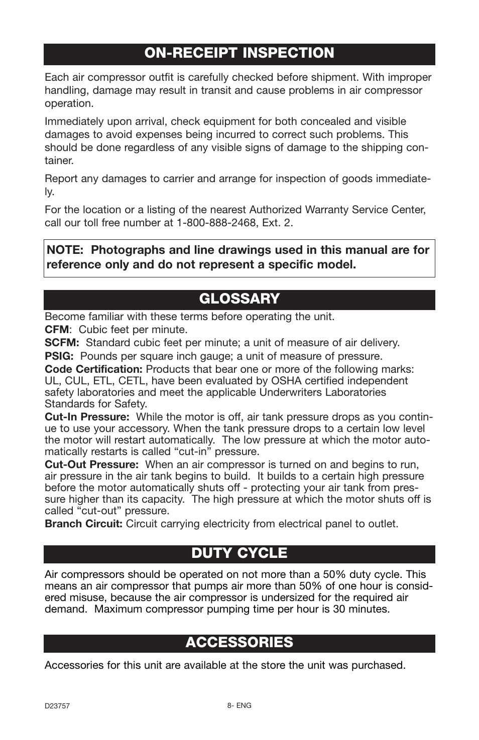 Glossary, Duty cycle, Accessories | On-receipt inspection | DeVillbiss Air Power Company D23757 User Manual | Page 8 / 20