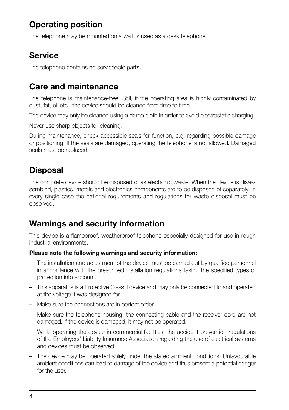 Operating position, Service, Care and maintenance | Disposal, Warnings and security information | MEDC Ex FernTel IP User Manual | Page 4 / 8