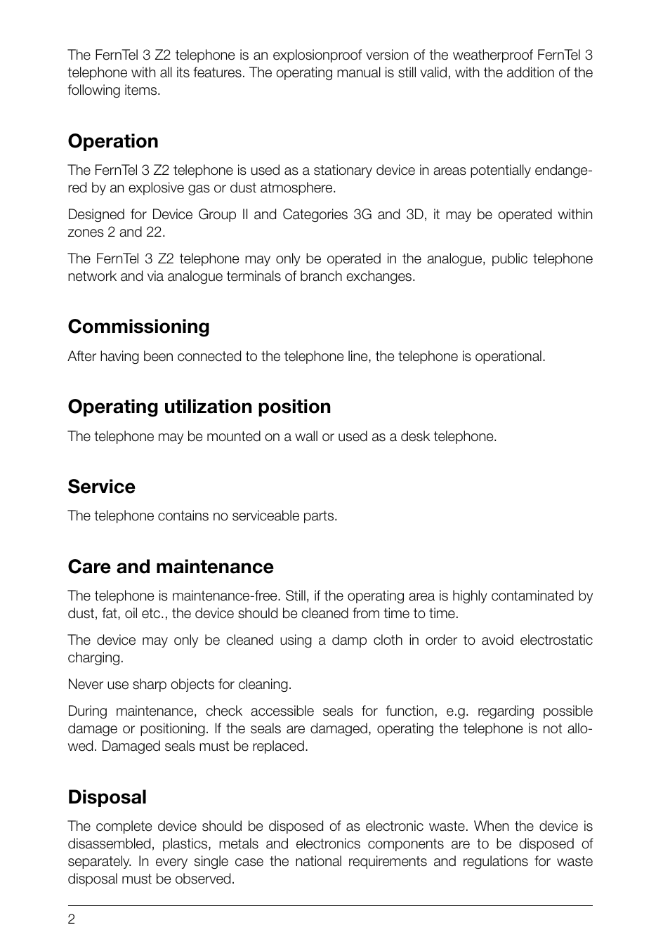 Operation, Commissioning, Operating utilization position | Service, Care and maintenance, Disposal | MEDC Ex FernTel User Manual | Page 2 / 8