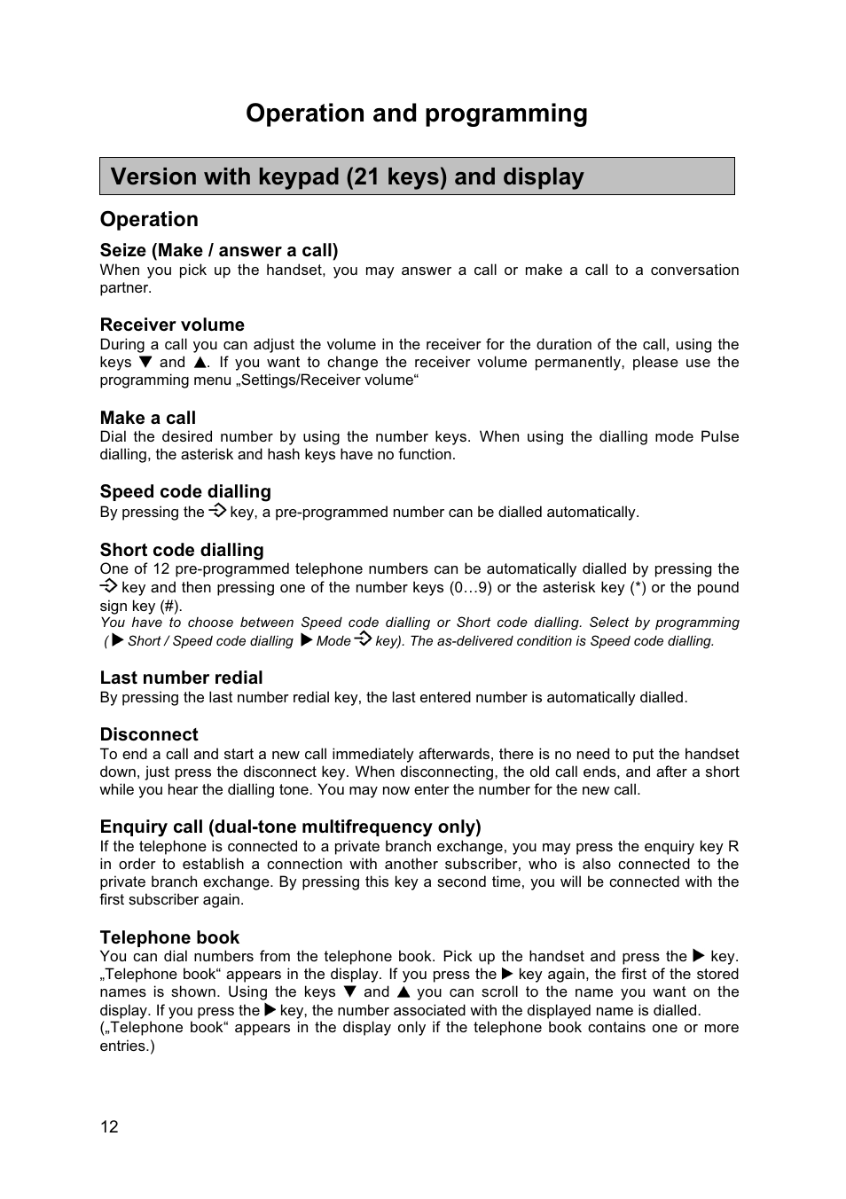 Operation and programming, Version with keypad (21 keys) and display, Operation | MEDC Weatherproof FernTel User Manual | Page 12 / 28