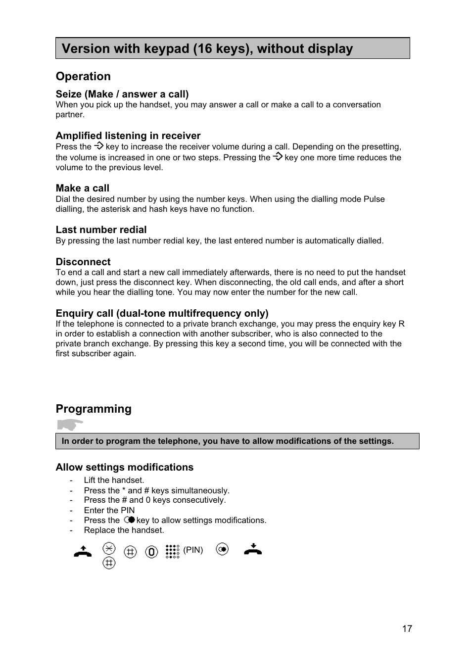 Version with keypad (16 keys), without display, Operation, Programming | MEDC Weatherproof FernTel User Manual | Page 17 / 28