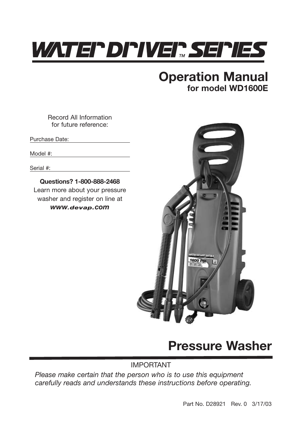 DeVillbiss Air Power Company Water Driver WD1600E User Manual | 60 pages