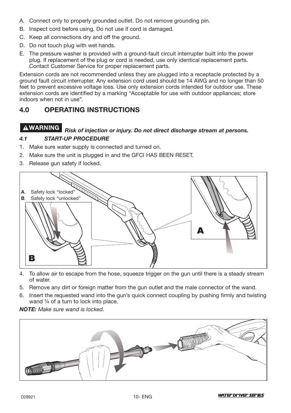 0 operating instructions | DeVillbiss Air Power Company Water Driver WD1600E User Manual | Page 10 / 60