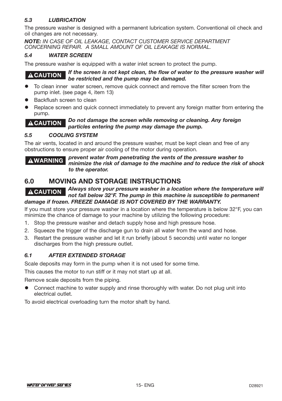 0 moving and storage instructions | DeVillbiss Air Power Company Water Driver WD1600E User Manual | Page 15 / 60