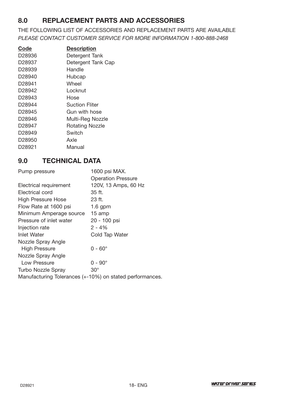 0 technical data, 0 replacement parts and accessories | DeVillbiss Air Power Company Water Driver WD1600E User Manual | Page 18 / 60