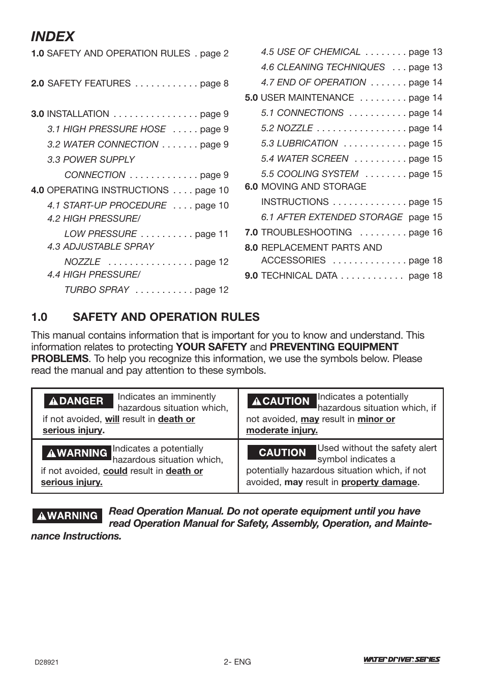 Index, 0 safety and operation rules | DeVillbiss Air Power Company Water Driver WD1600E User Manual | Page 2 / 60