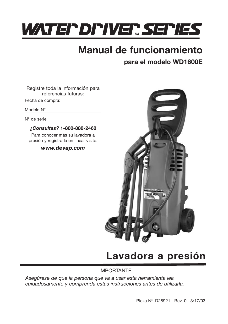 Manual de funcionamiento, Lavadora a presión, Para el modelo wd1600e | DeVillbiss Air Power Company Water Driver WD1600E User Manual | Page 21 / 60