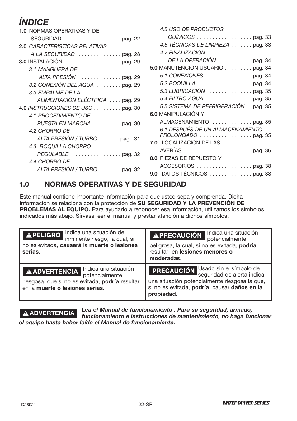 Índice, 0 normas operativas y de seguridad | DeVillbiss Air Power Company Water Driver WD1600E User Manual | Page 22 / 60