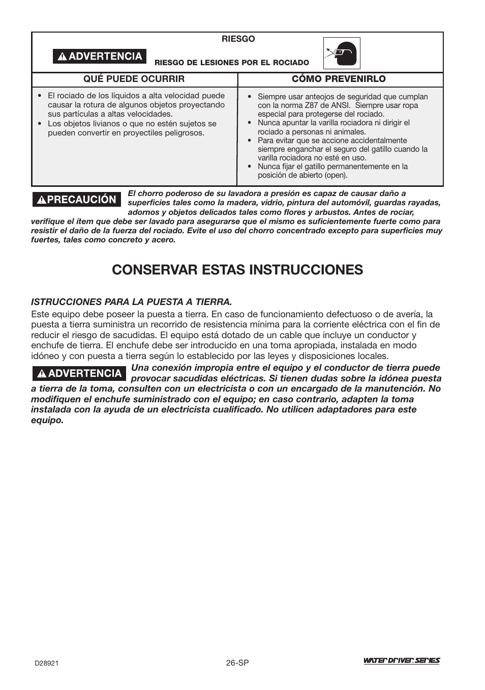 Conservar estas instrucciones | DeVillbiss Air Power Company Water Driver WD1600E User Manual | Page 26 / 60