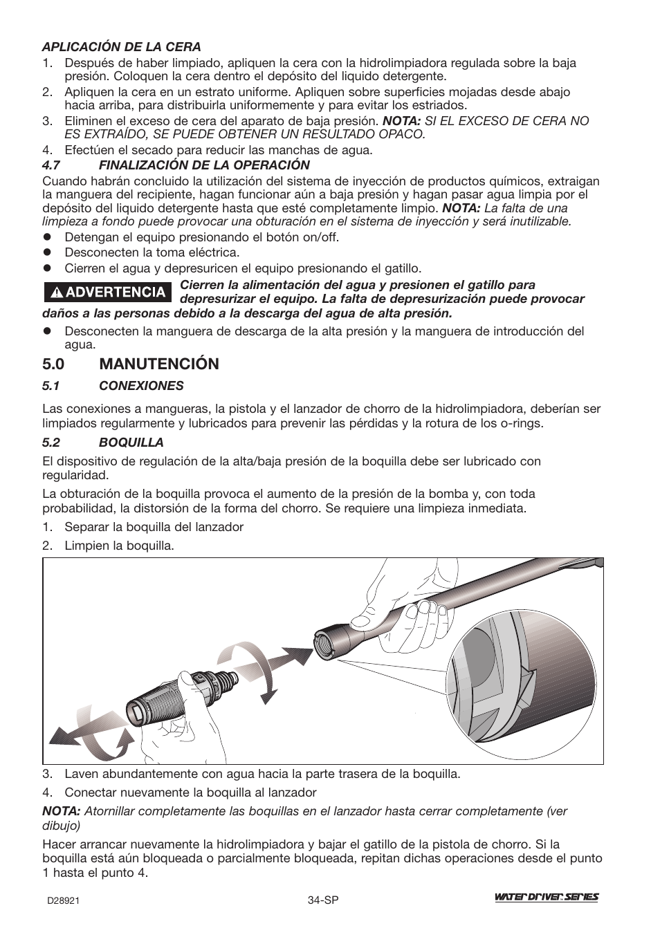 0 manutención | DeVillbiss Air Power Company Water Driver WD1600E User Manual | Page 34 / 60