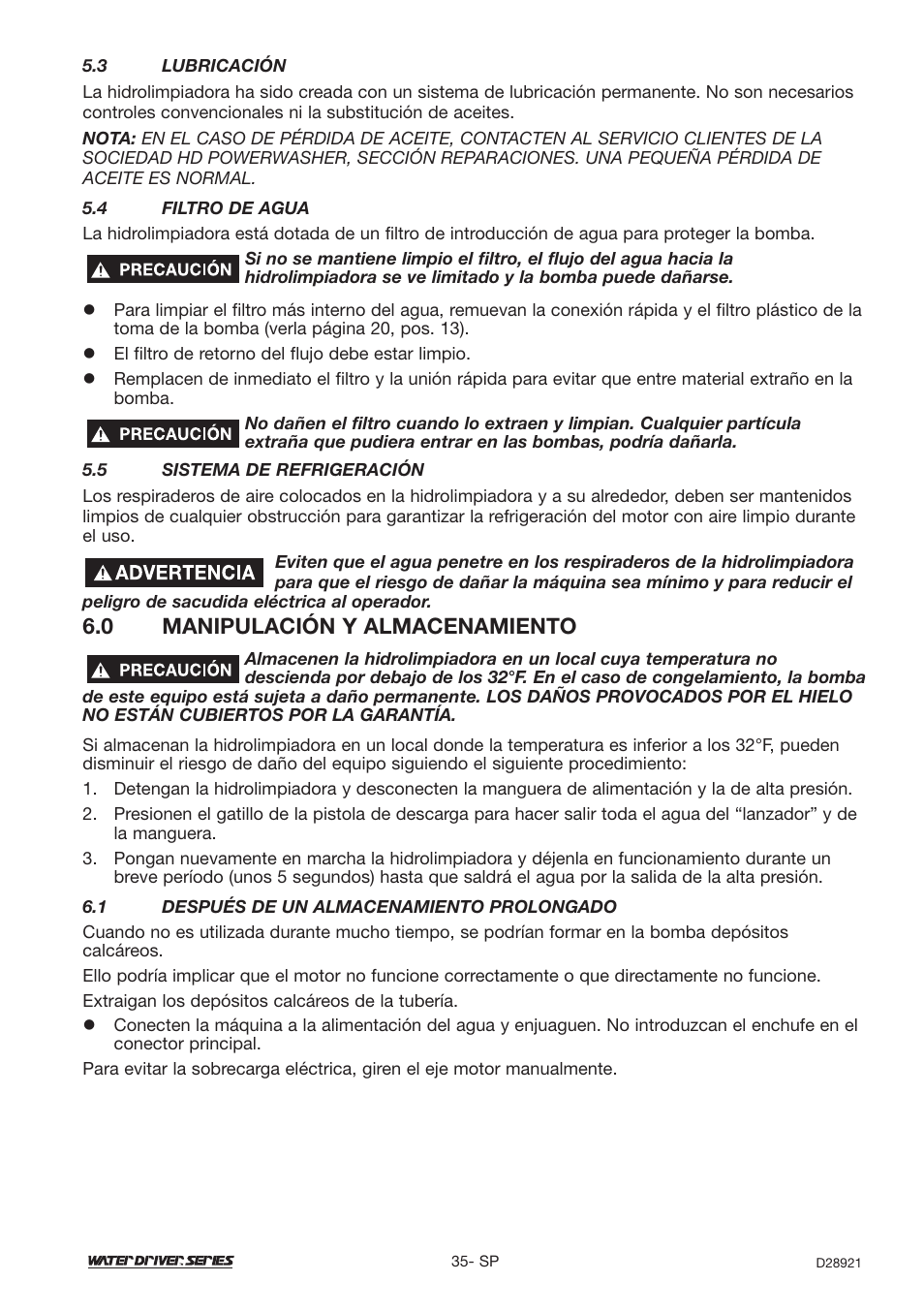 0 manipulación y almacenamiento | DeVillbiss Air Power Company Water Driver WD1600E User Manual | Page 35 / 60