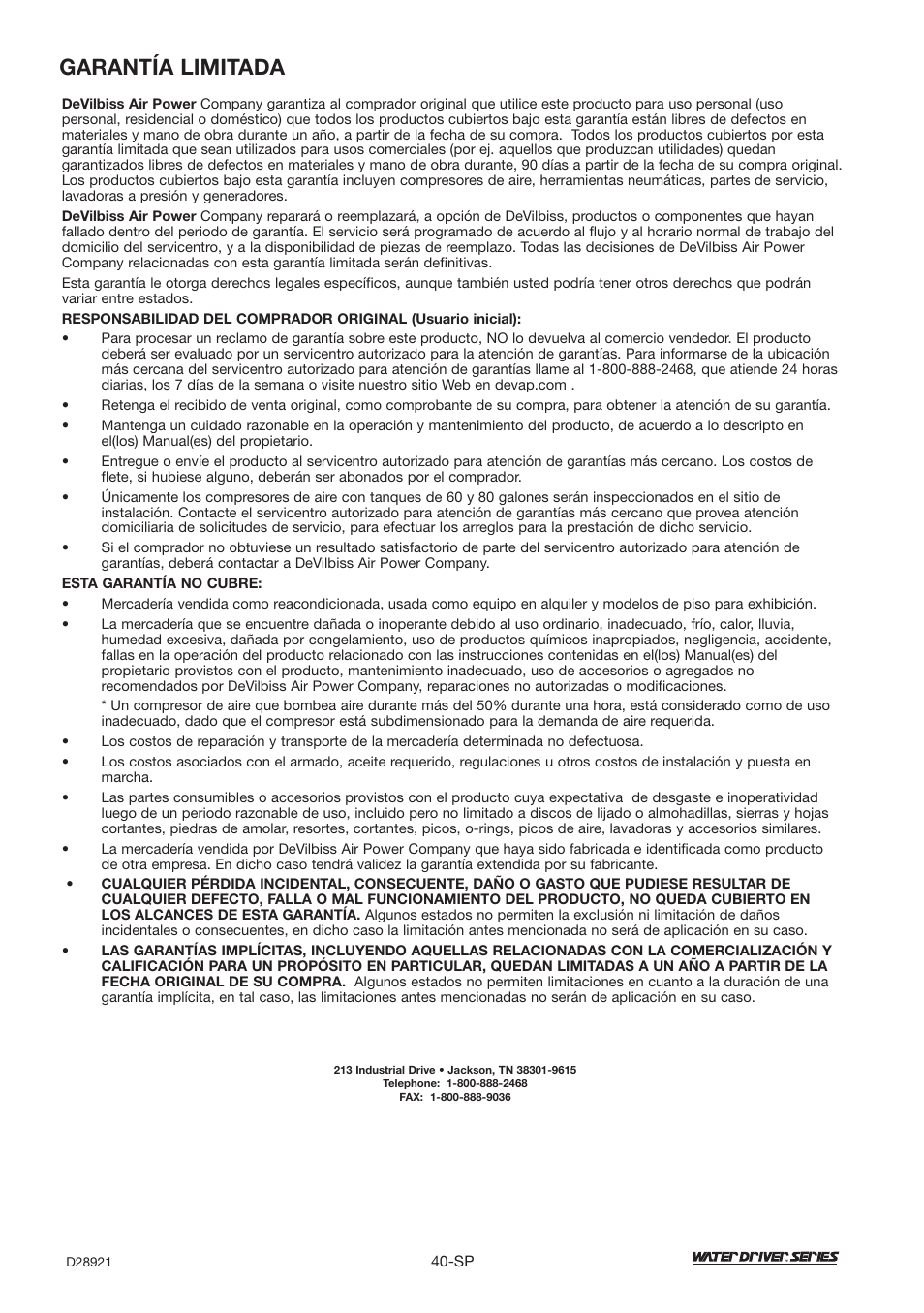 Garantía limitada | DeVillbiss Air Power Company Water Driver WD1600E User Manual | Page 40 / 60