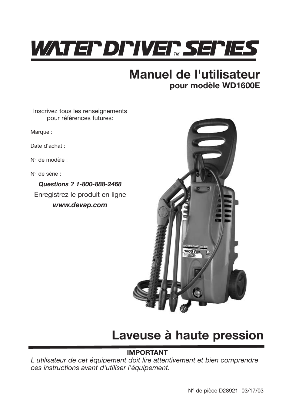 Laveuse à haute pression manuel de l'utilisateur, Pour modèle wd1600e | DeVillbiss Air Power Company Water Driver WD1600E User Manual | Page 41 / 60