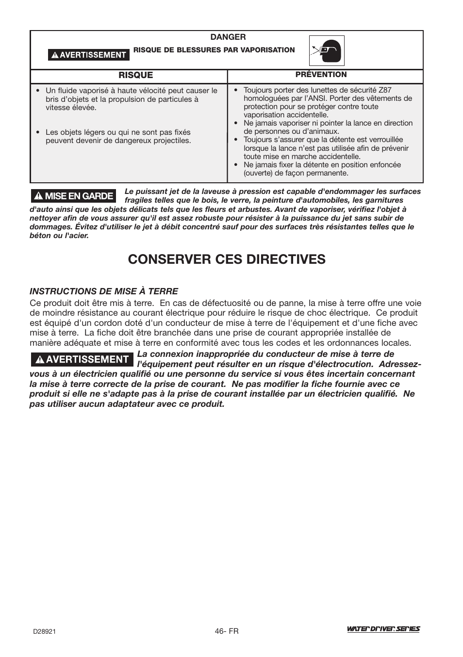 Conserver ces directives | DeVillbiss Air Power Company Water Driver WD1600E User Manual | Page 46 / 60