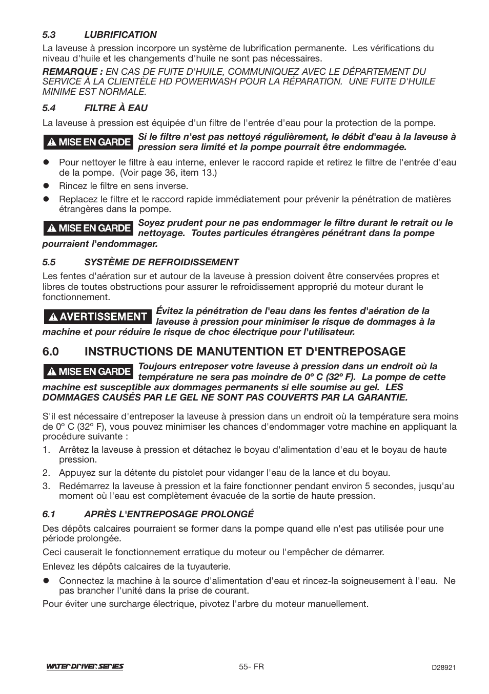 0 instructions de manutention et d'entreposage | DeVillbiss Air Power Company Water Driver WD1600E User Manual | Page 55 / 60