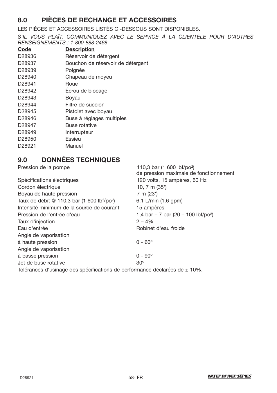 0 données techniques, 0 pièces de rechange et accessoires | DeVillbiss Air Power Company Water Driver WD1600E User Manual | Page 58 / 60