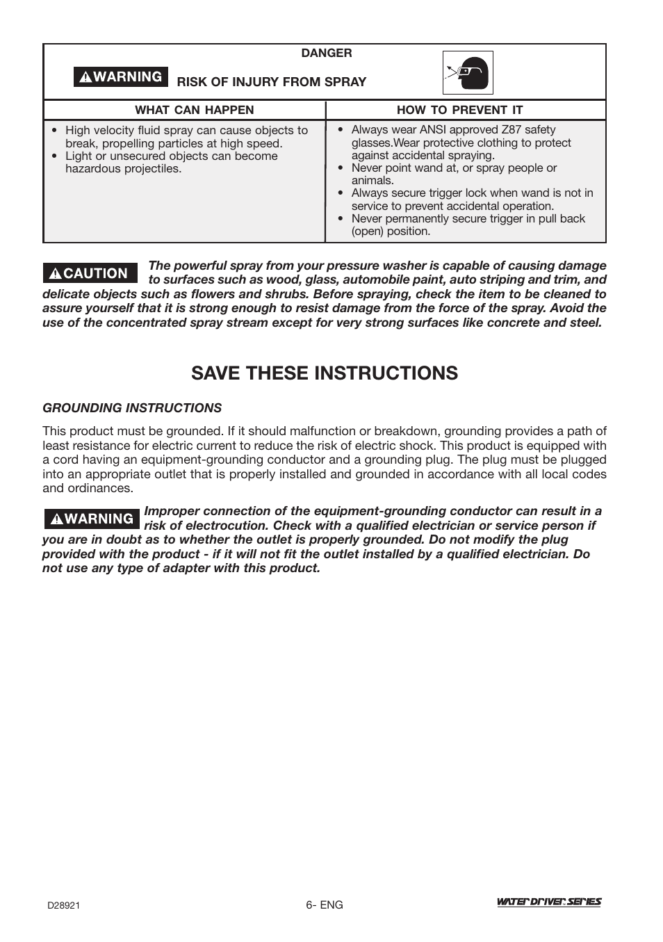 Save these instructions | DeVillbiss Air Power Company Water Driver WD1600E User Manual | Page 6 / 60