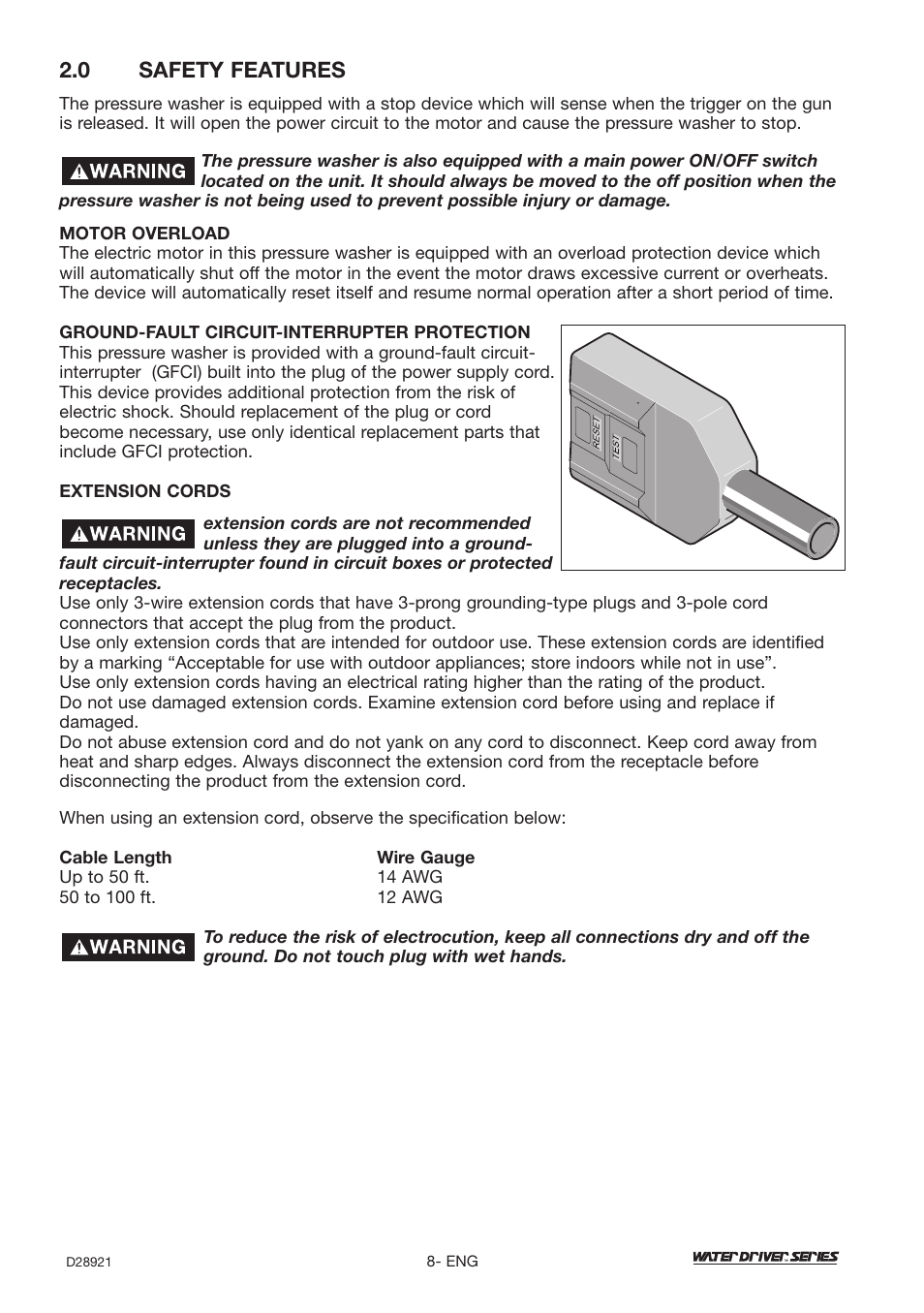 0 safety features | DeVillbiss Air Power Company Water Driver WD1600E User Manual | Page 8 / 60