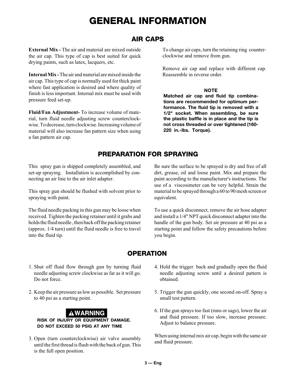 General information, Air caps, Operation | Preparation for spraying | DeVillbiss Air Power Company SP-100-E User Manual | Page 3 / 8