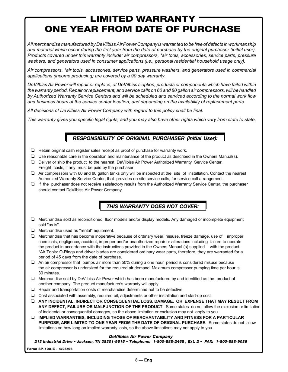 Limited warranty one year from date of purchase | DeVillbiss Air Power Company SP-100-E User Manual | Page 8 / 8