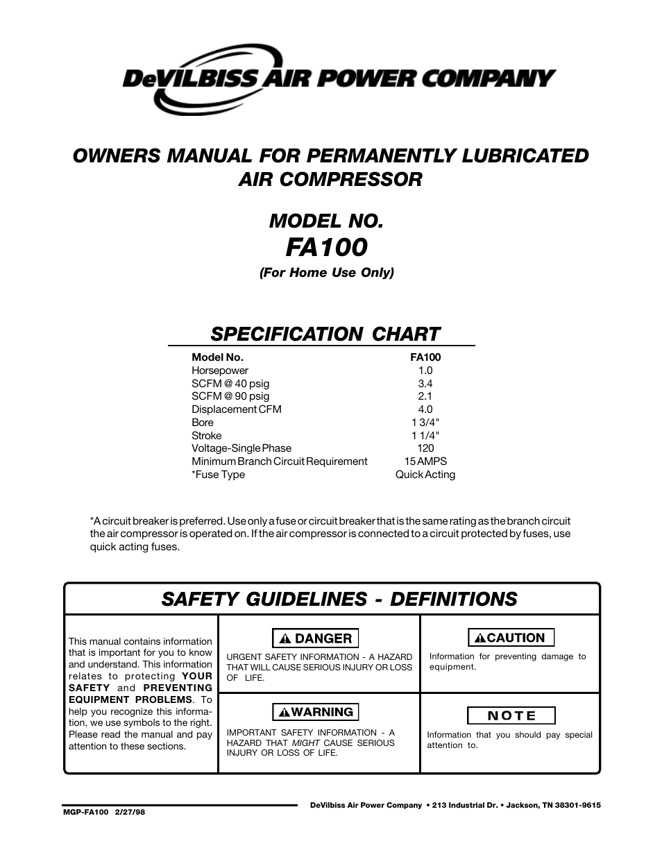 DeVillbiss Air Power Company FA100 User Manual | 12 pages