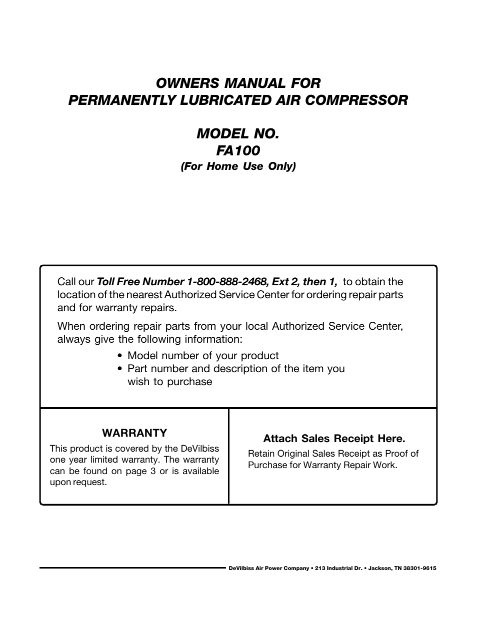 DeVillbiss Air Power Company FA100 User Manual | Page 12 / 12