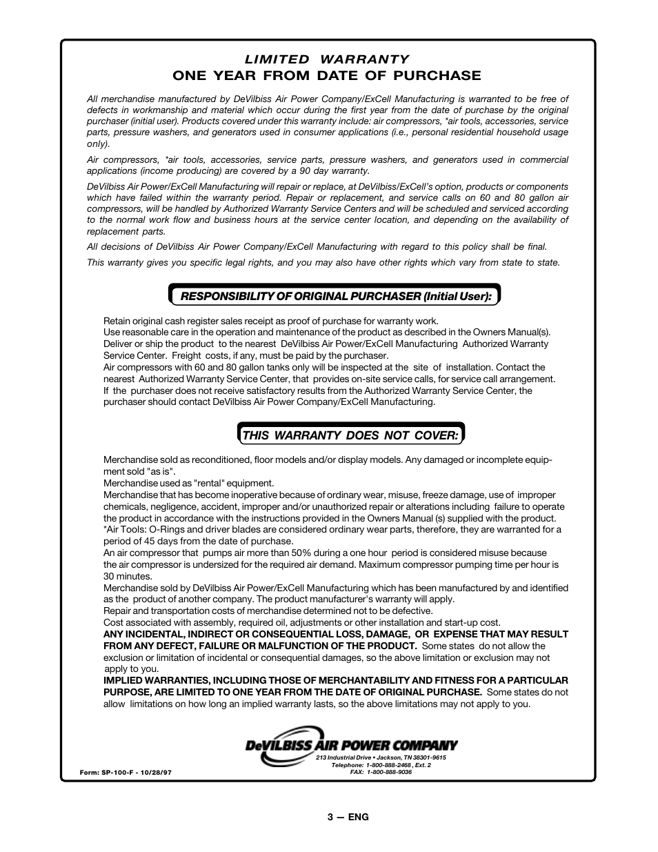One year from date of purchase | DeVillbiss Air Power Company FA100 User Manual | Page 3 / 12