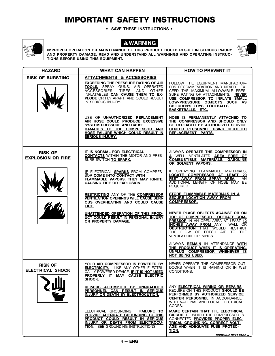 Important safety instructions | DeVillbiss Air Power Company FA100 User Manual | Page 4 / 12