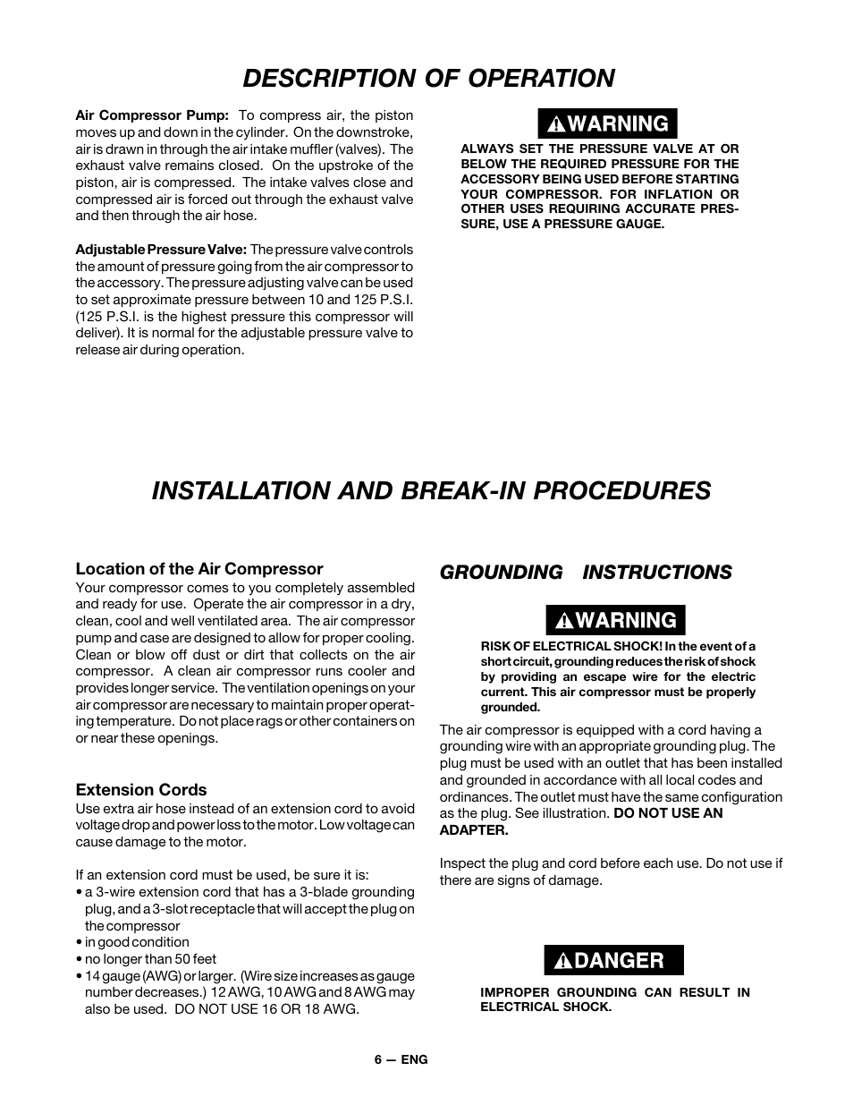 Description of operation, Installation and break-in procedures, Grounding instructions | DeVillbiss Air Power Company FA100 User Manual | Page 6 / 12