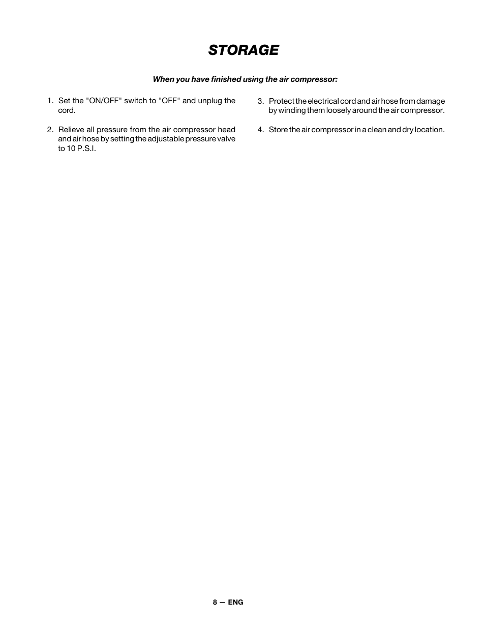 Storage | DeVillbiss Air Power Company FA100 User Manual | Page 8 / 12