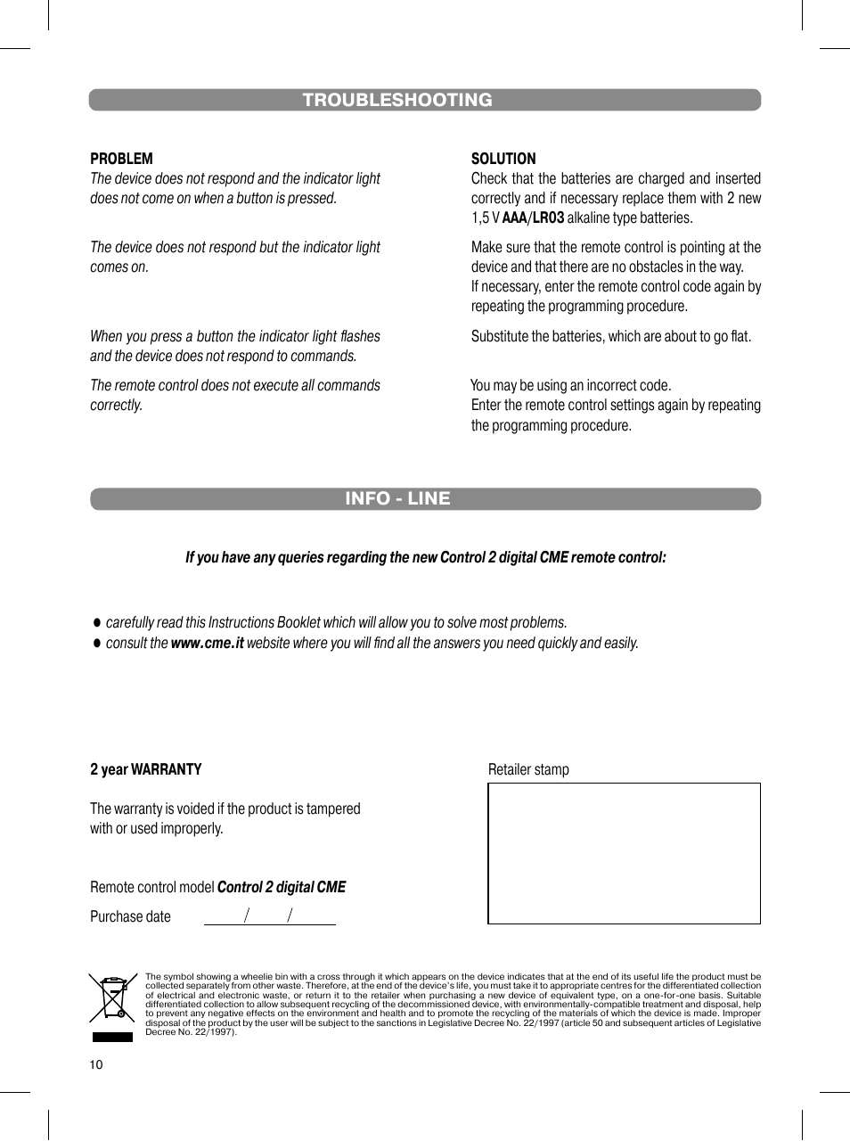 Troubleshooting, Info - line | Meliconi Control 2 digital CME User Manual | Page 5 / 5