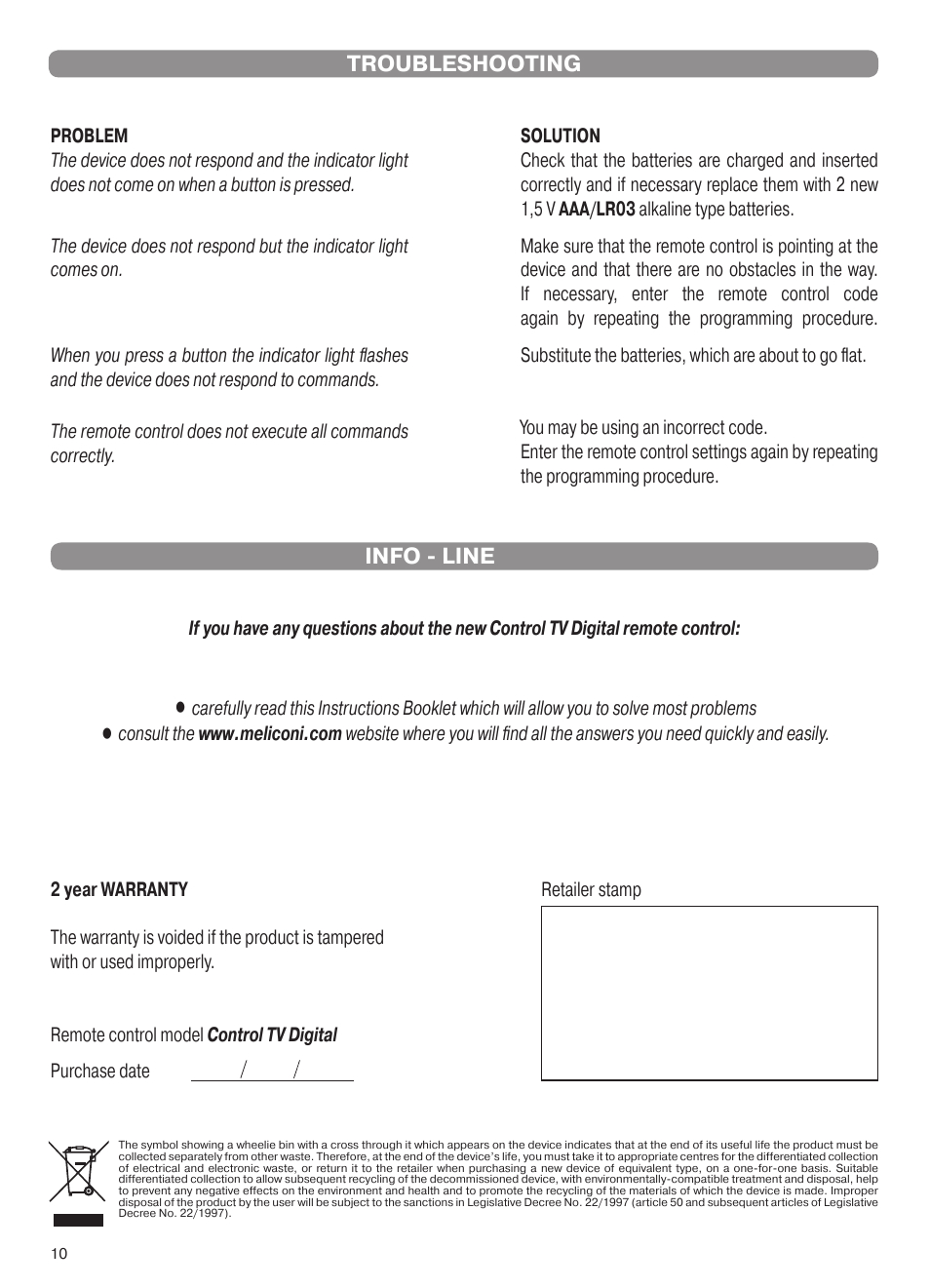 Troubleshooting, Info - line | Meliconi Control TV Digital User Manual | Page 5 / 5