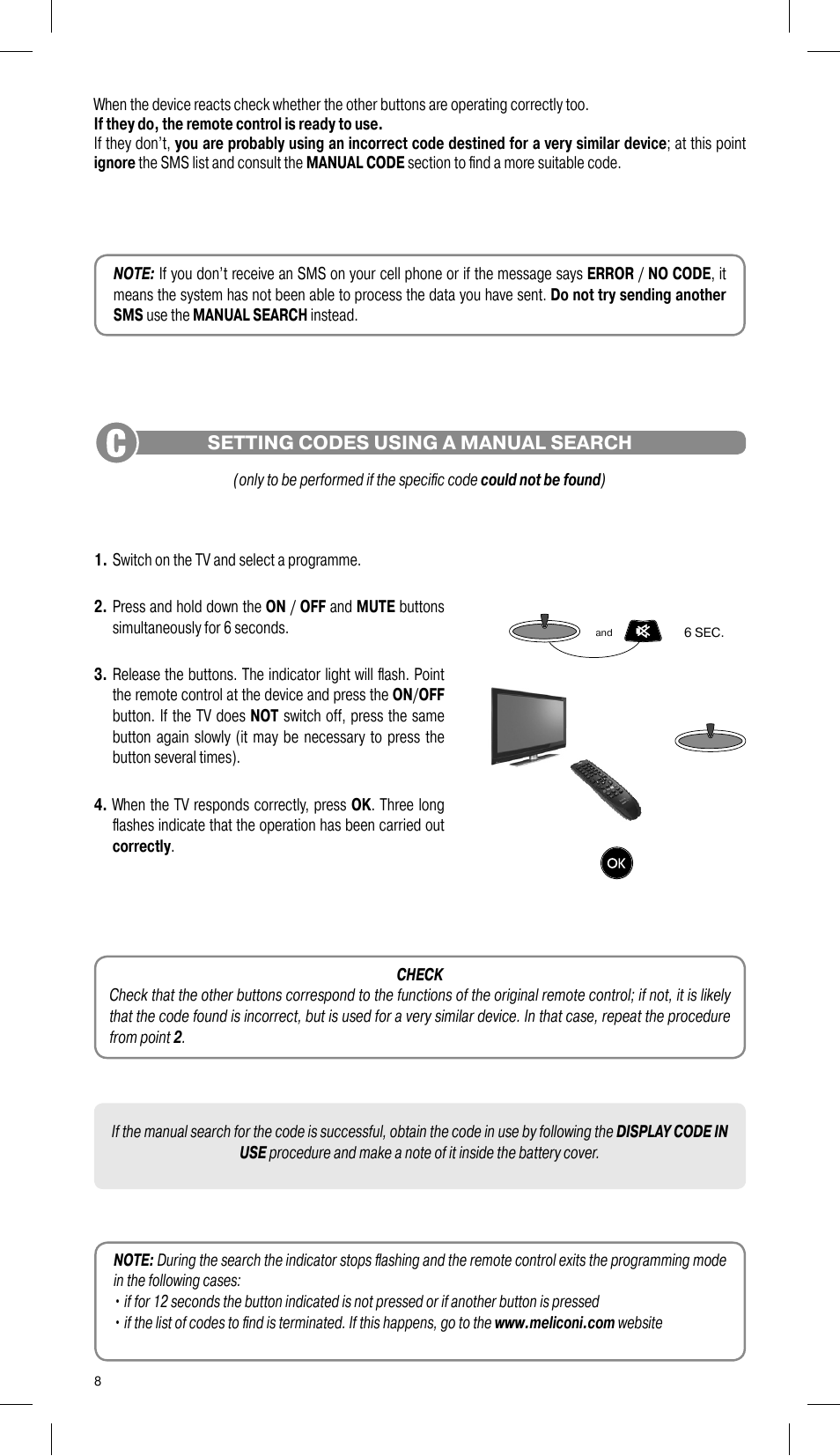 Setting codes using a manual search | Meliconi Gumbody Facile 1 web User Manual | Page 3 / 5