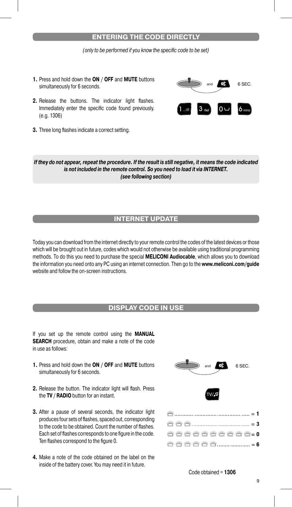 Internet update, Entering the code directly, Display code in use | Meliconi Gumbody Facile 1 web User Manual | Page 4 / 5