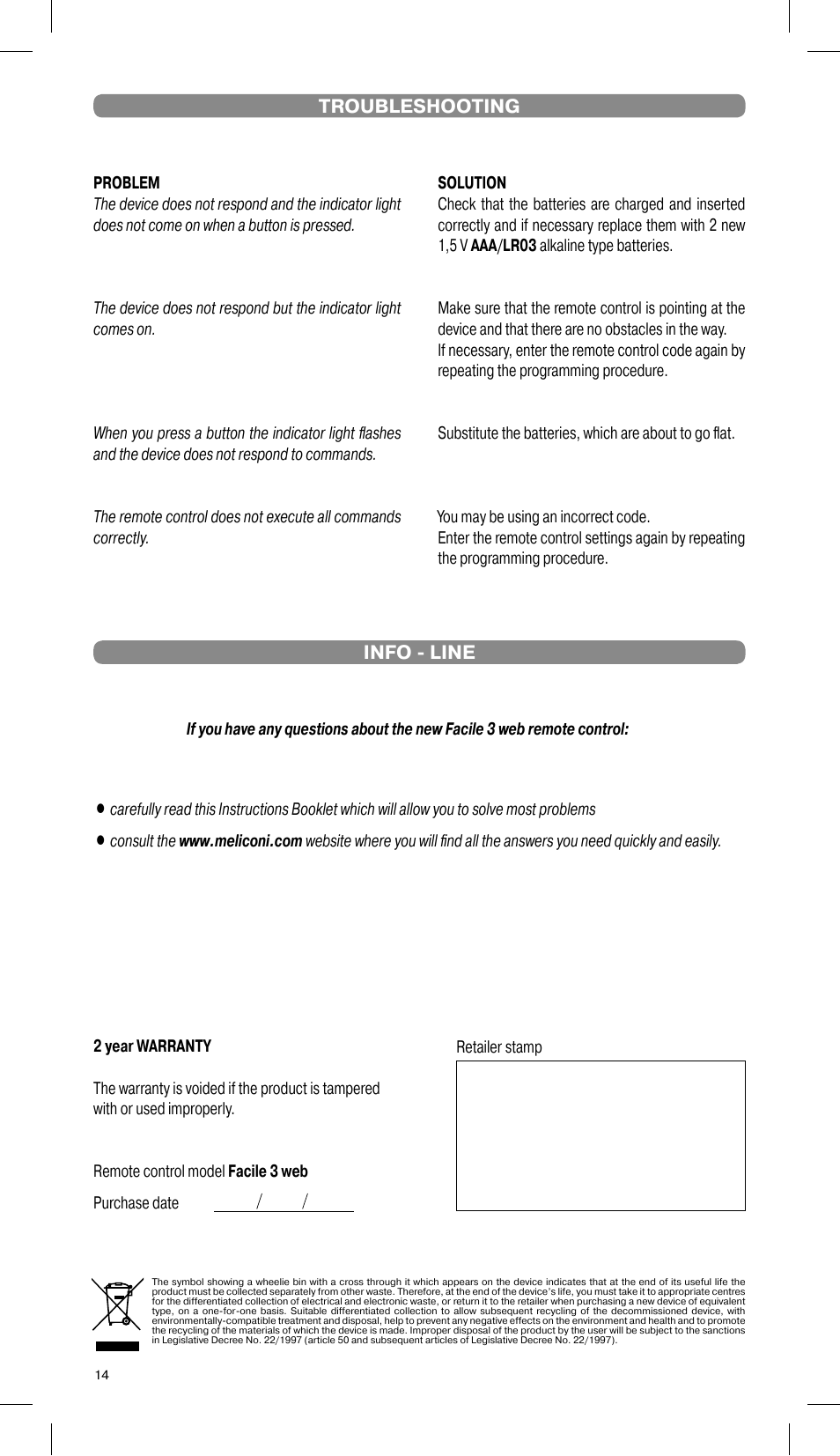 Troubleshooting, Info - line | Meliconi Gumbody Facile 3 web User Manual | Page 7 / 7