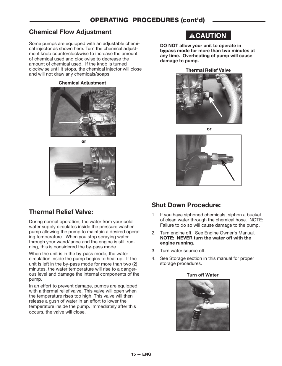 Chemical flow adjustment, Thermal relief valve, Operating procedures (cont'd) | Shut down procedure | DeVillbiss Air Power Company D21684 User Manual | Page 15 / 24