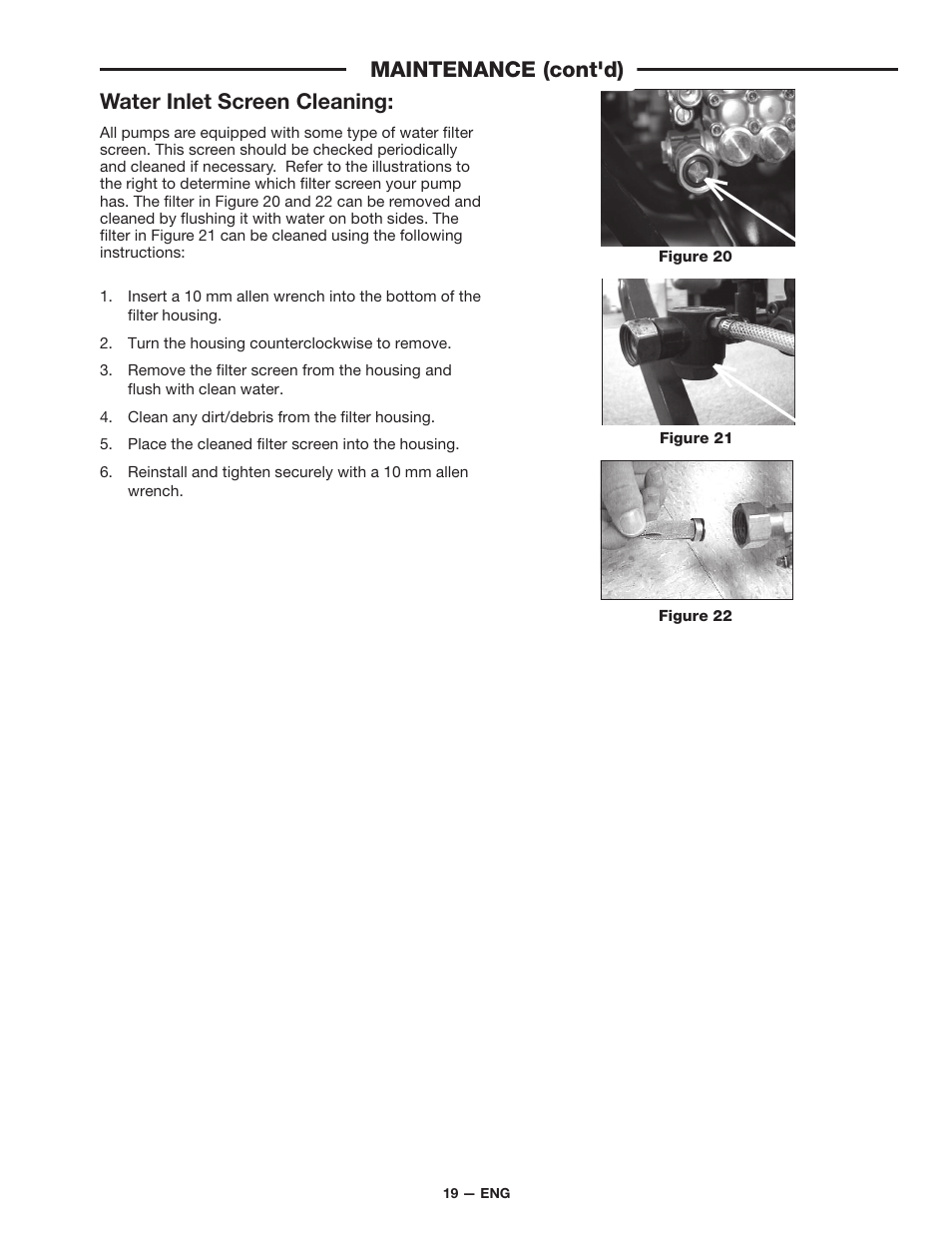 Water inlet screen cleaning, Maintenance (cont'd) | DeVillbiss Air Power Company D21684 User Manual | Page 19 / 24