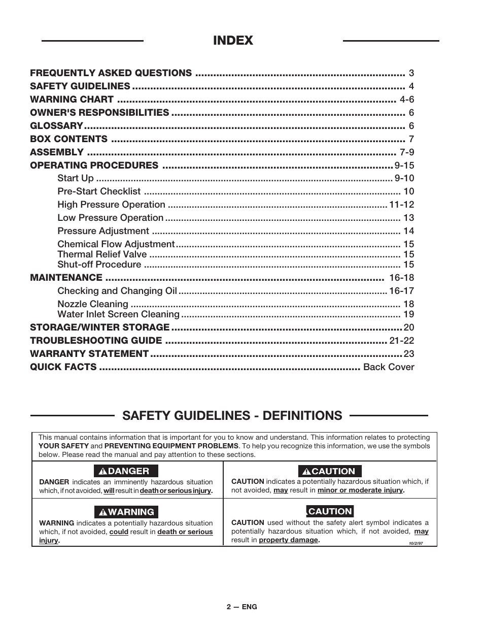 Index, Safety guidelines - definitions | DeVillbiss Air Power Company D21684 User Manual | Page 2 / 24