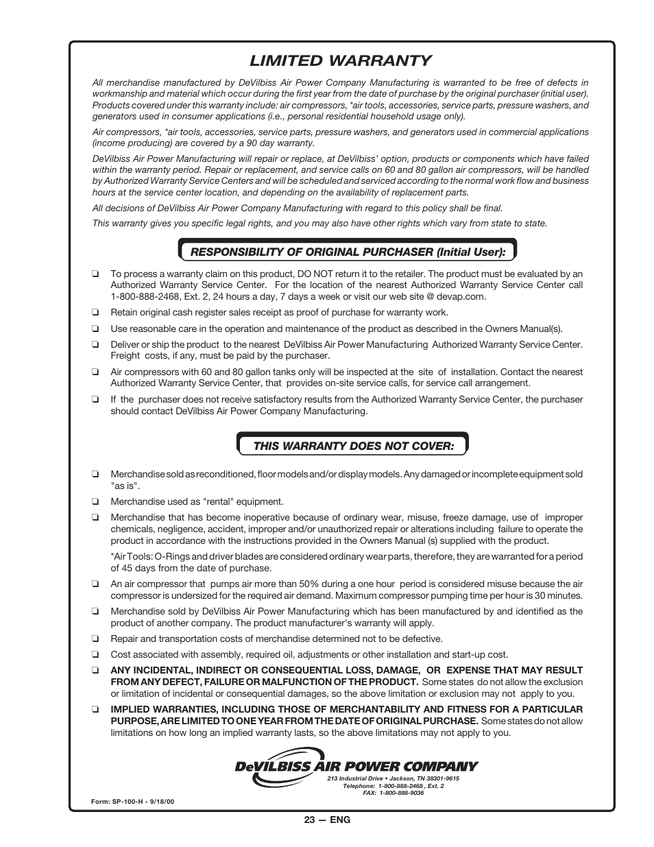 Limited warranty | DeVillbiss Air Power Company D21684 User Manual | Page 23 / 24