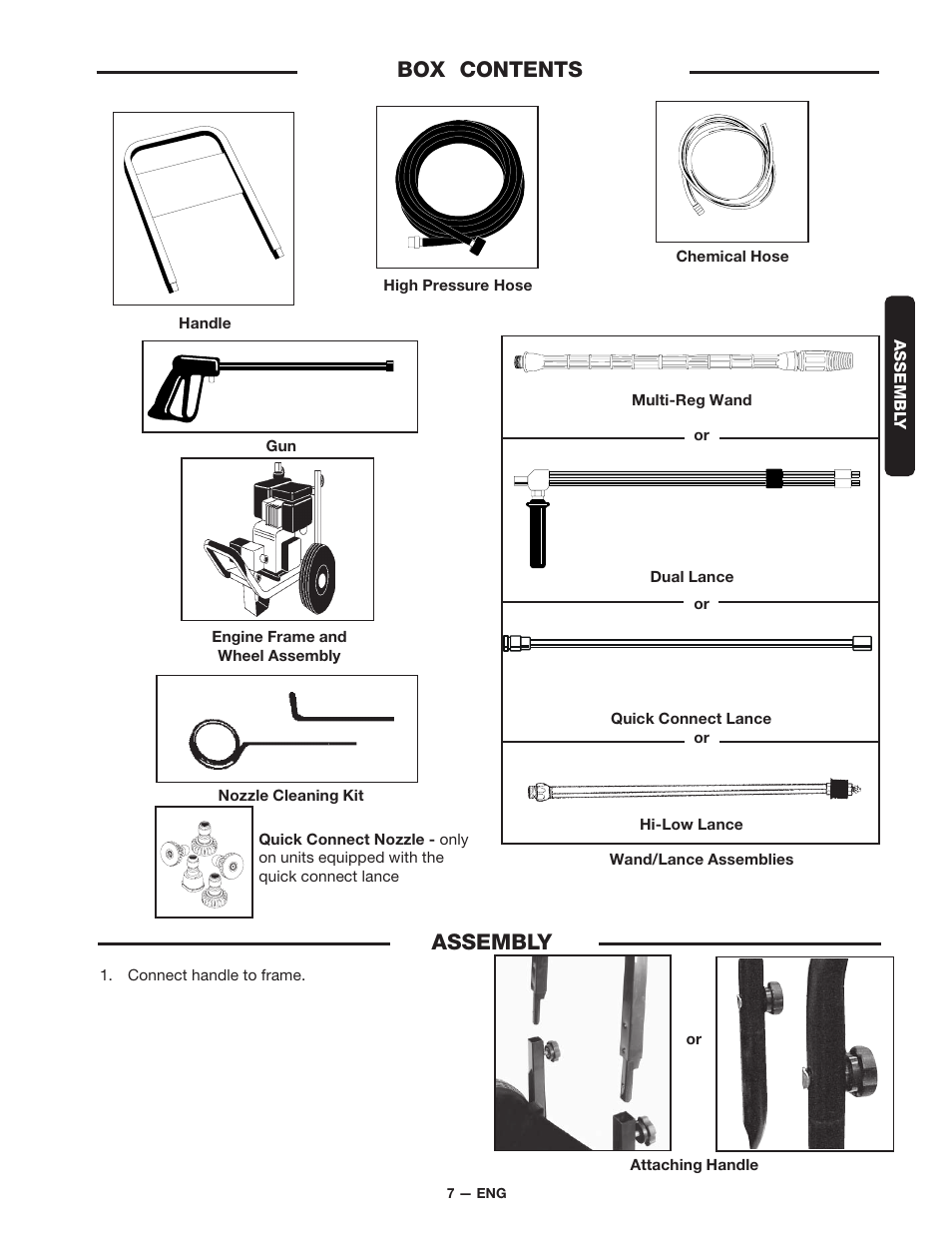 Box contents, Assembly | DeVillbiss Air Power Company D21684 User Manual | Page 7 / 24