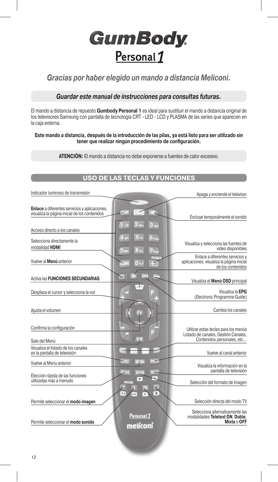 Uso de las teclas y funciones | Meliconi Gumbody Personal 1 for SAMSUNG User Manual | Page 12 / 20