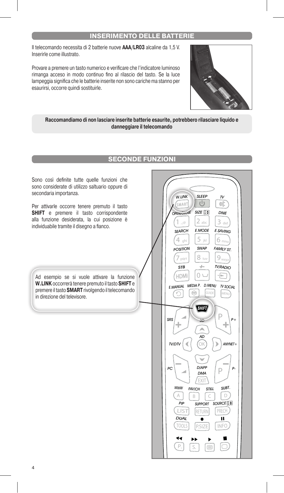 Seconde funzioni inserimento delle batterie, Hdmi | Meliconi Gumbody Personal 1 for SAMSUNG User Manual | Page 4 / 20