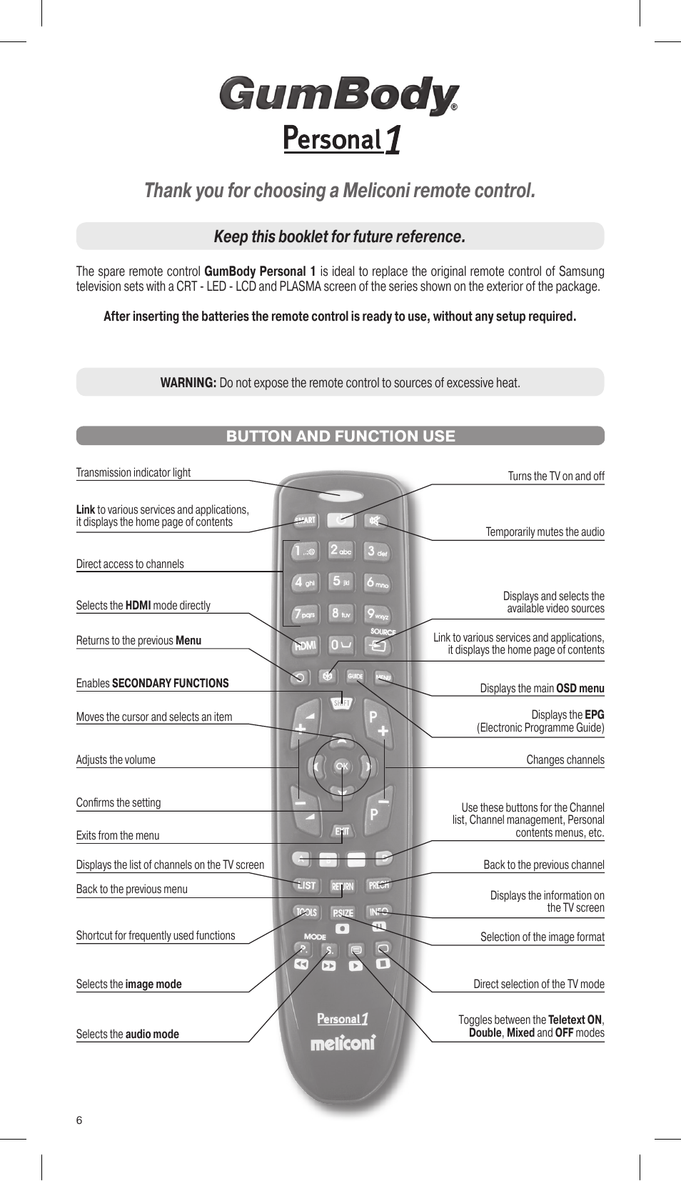 Keep this booklet for future reference, Button and function use | Meliconi Gumbody Personal 1 for SAMSUNG User Manual | Page 6 / 20